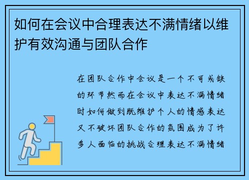 如何在会议中合理表达不满情绪以维护有效沟通与团队合作